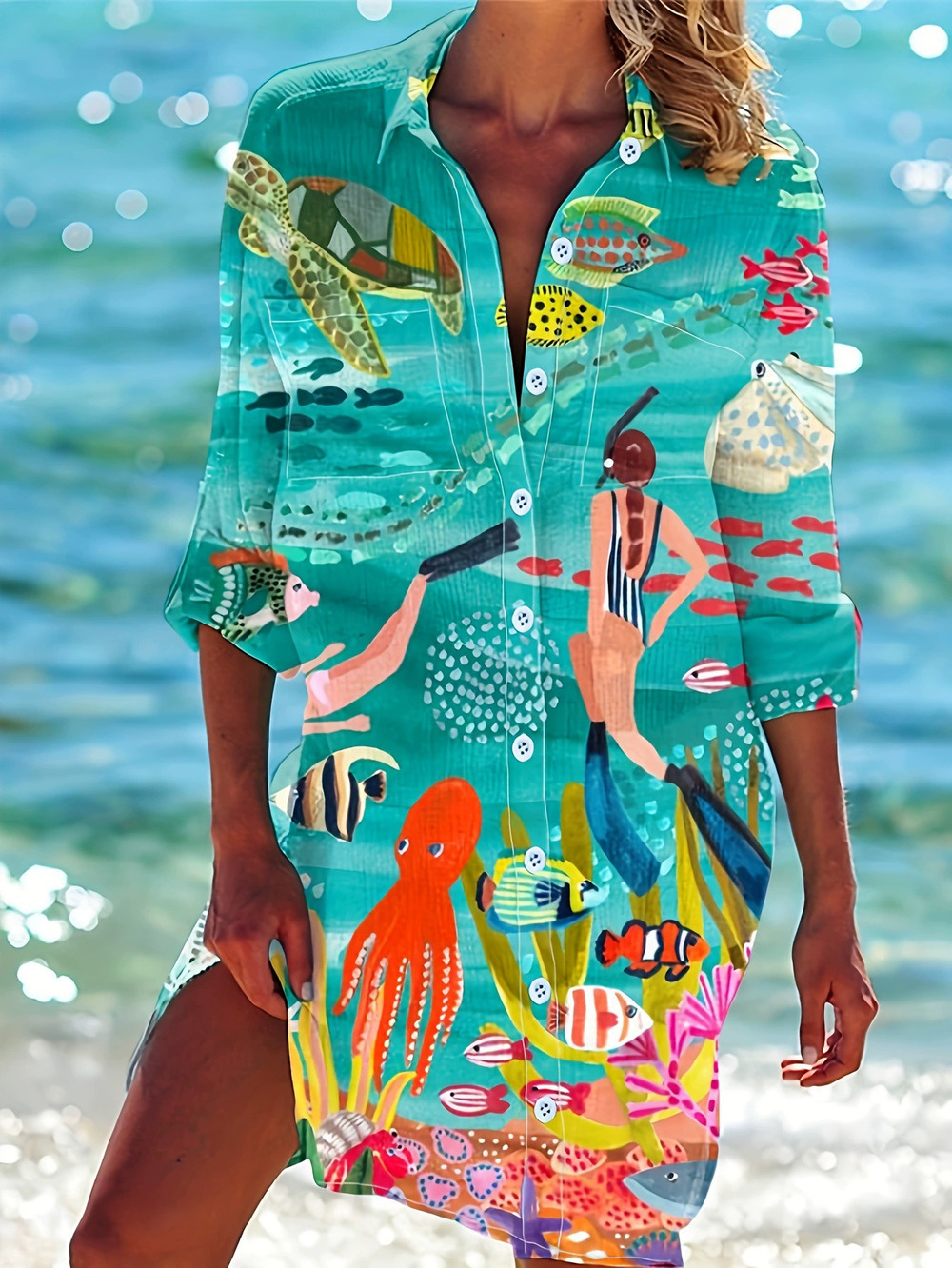 ZARA Women Printed Midi Beach Cover Up Long Sleeve Notch Lapel Cardigan Summer